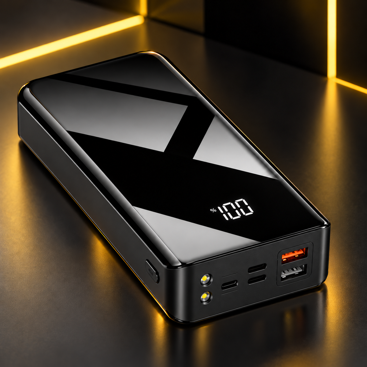 Close view of black 30000mAh power bank ports and 100 percent display