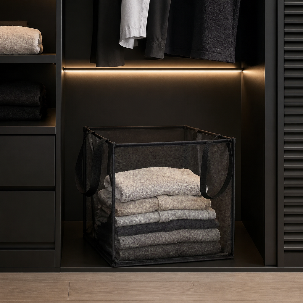 Black mesh laundry basket used for towel storage in a closet