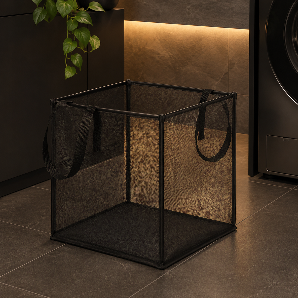 Empty black single-layer foldable mesh laundry basket