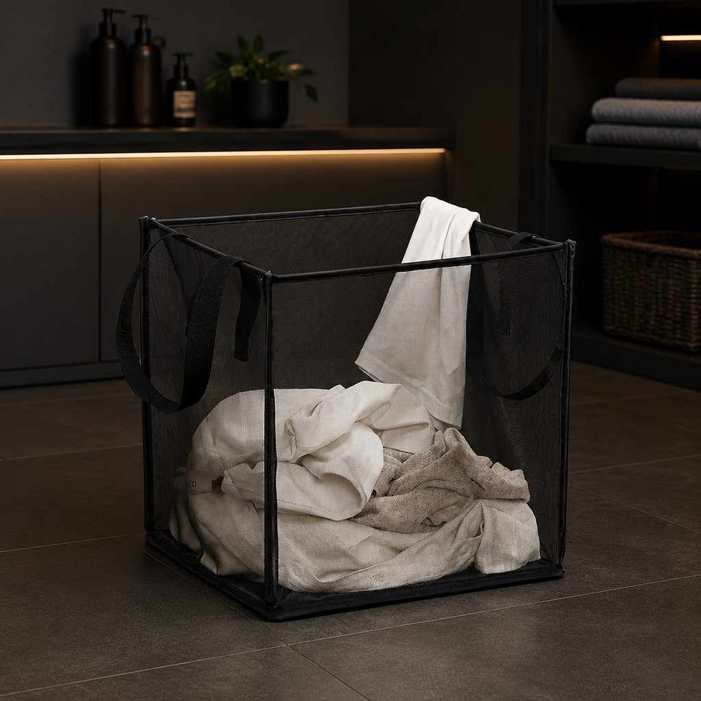 Black single-layer foldable mesh laundry basket in a modern laundry room