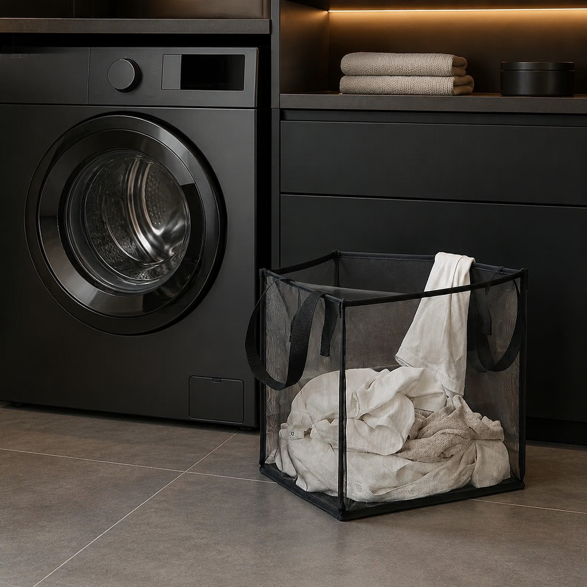 Black foldable mesh laundry basket beside a washing machine