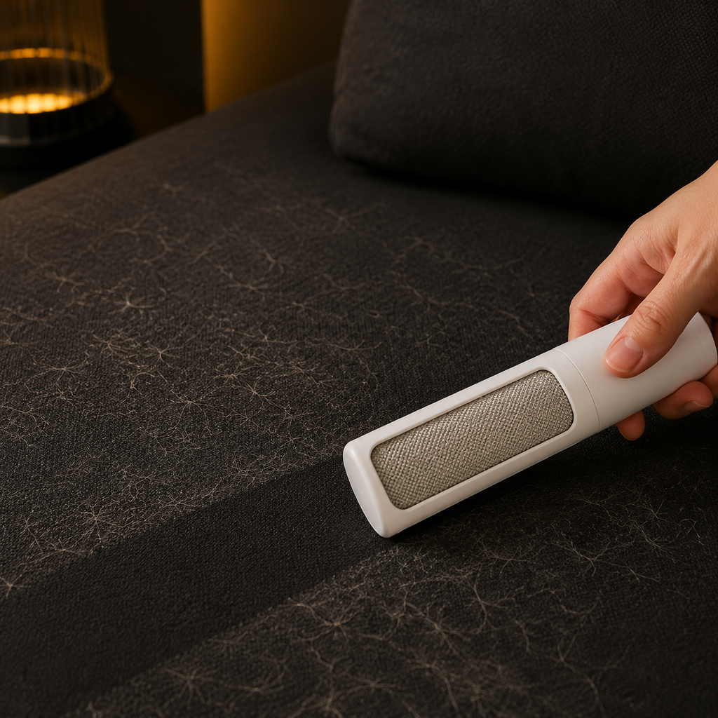 Reusable pet hair remover cleaning a dark sofa