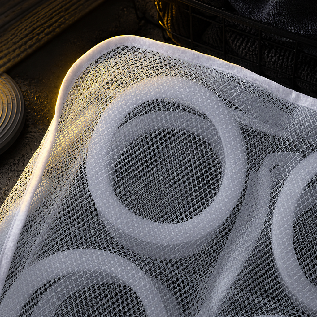 Close view of the protective rings and mesh construction