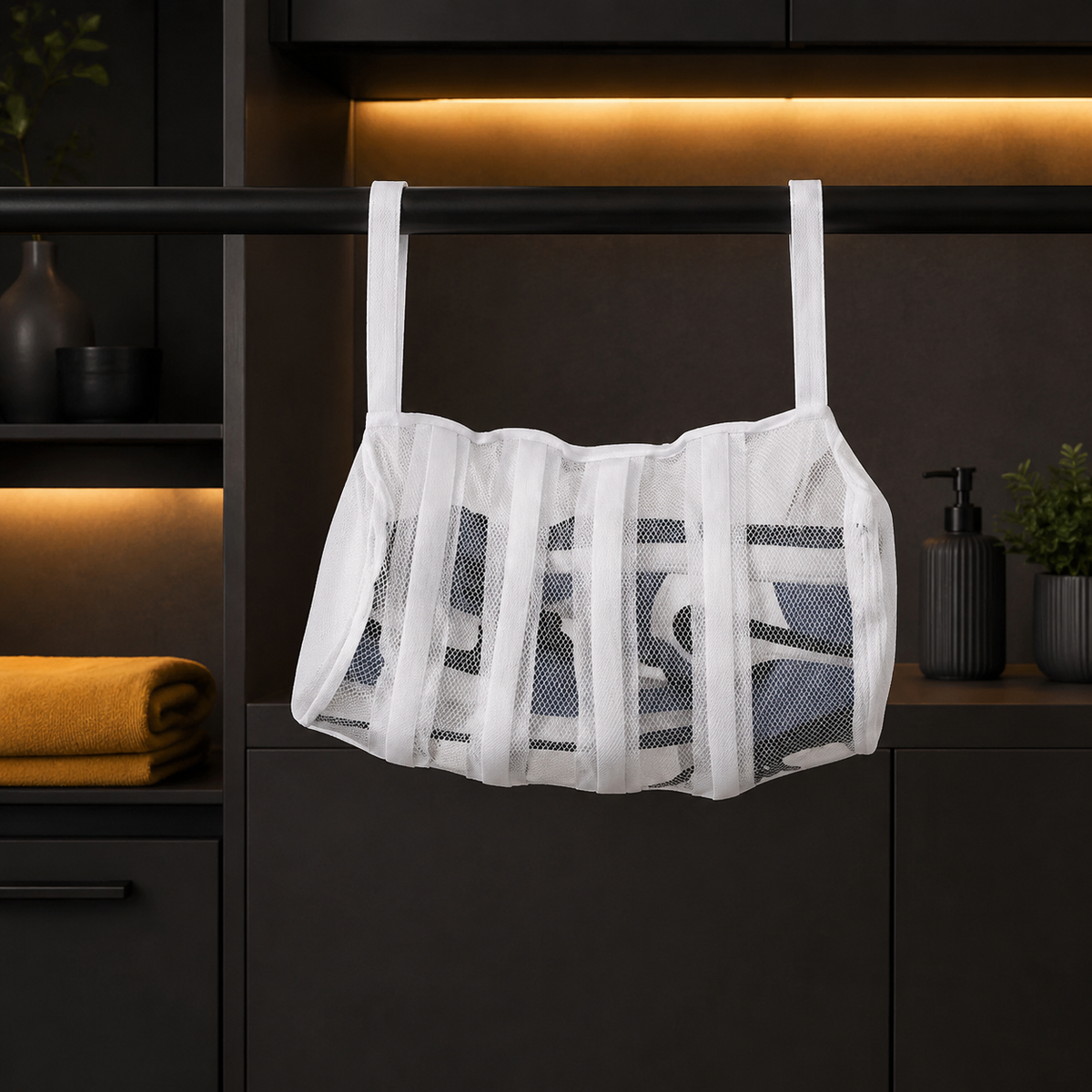 Protective shoe washing bag hanging in a modern laundry room