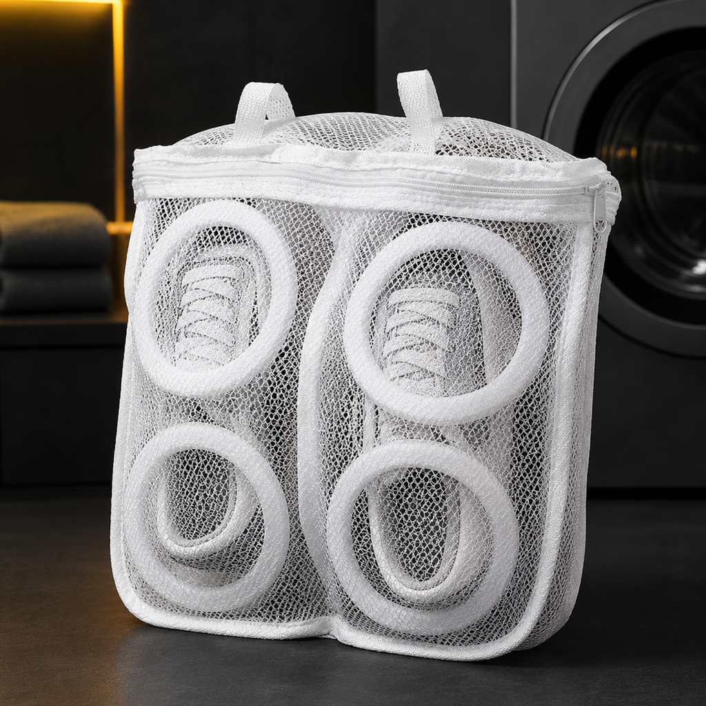 Protective shoe washing bag in a black and yellow laundry room