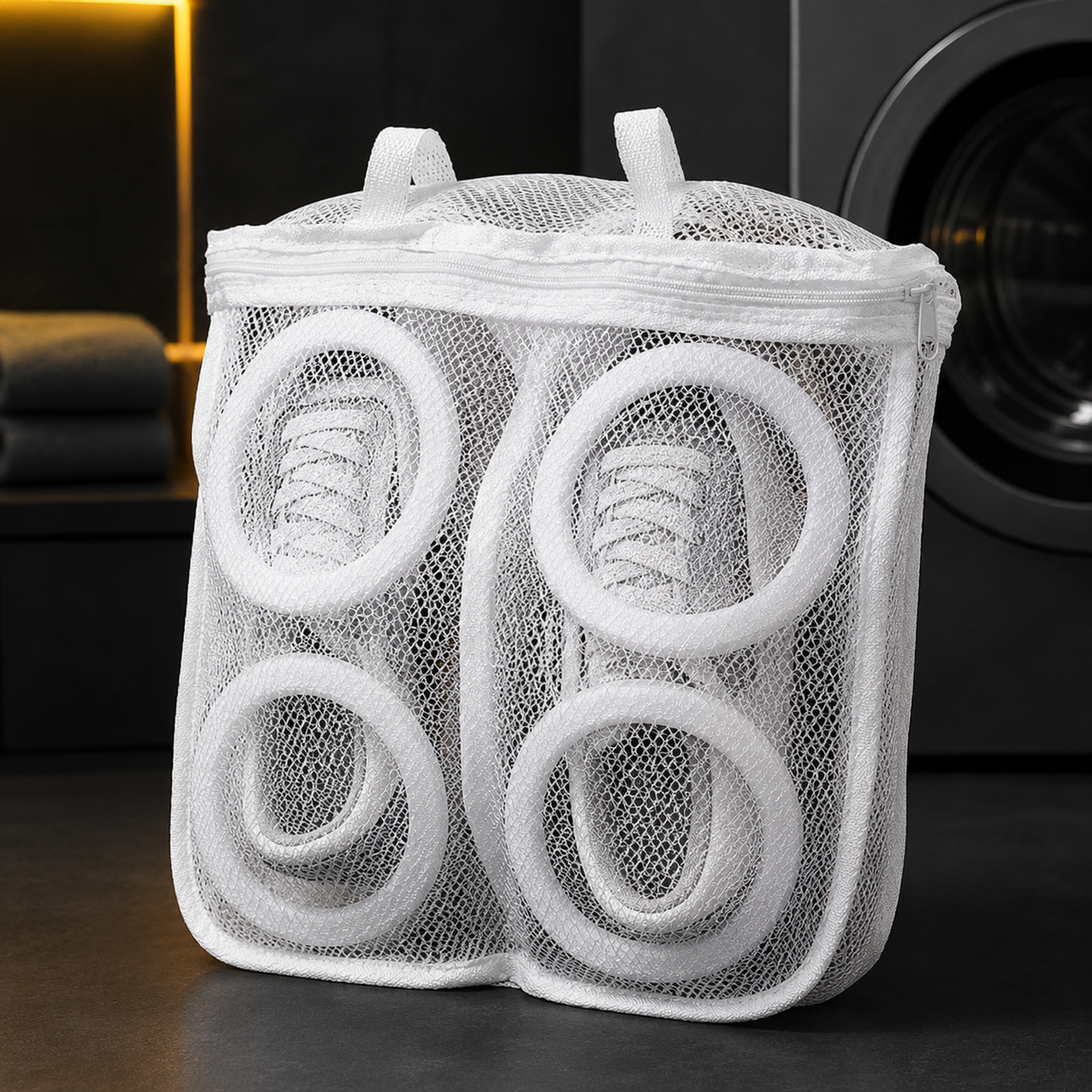 Protective shoe washing bag in a black and yellow laundry room