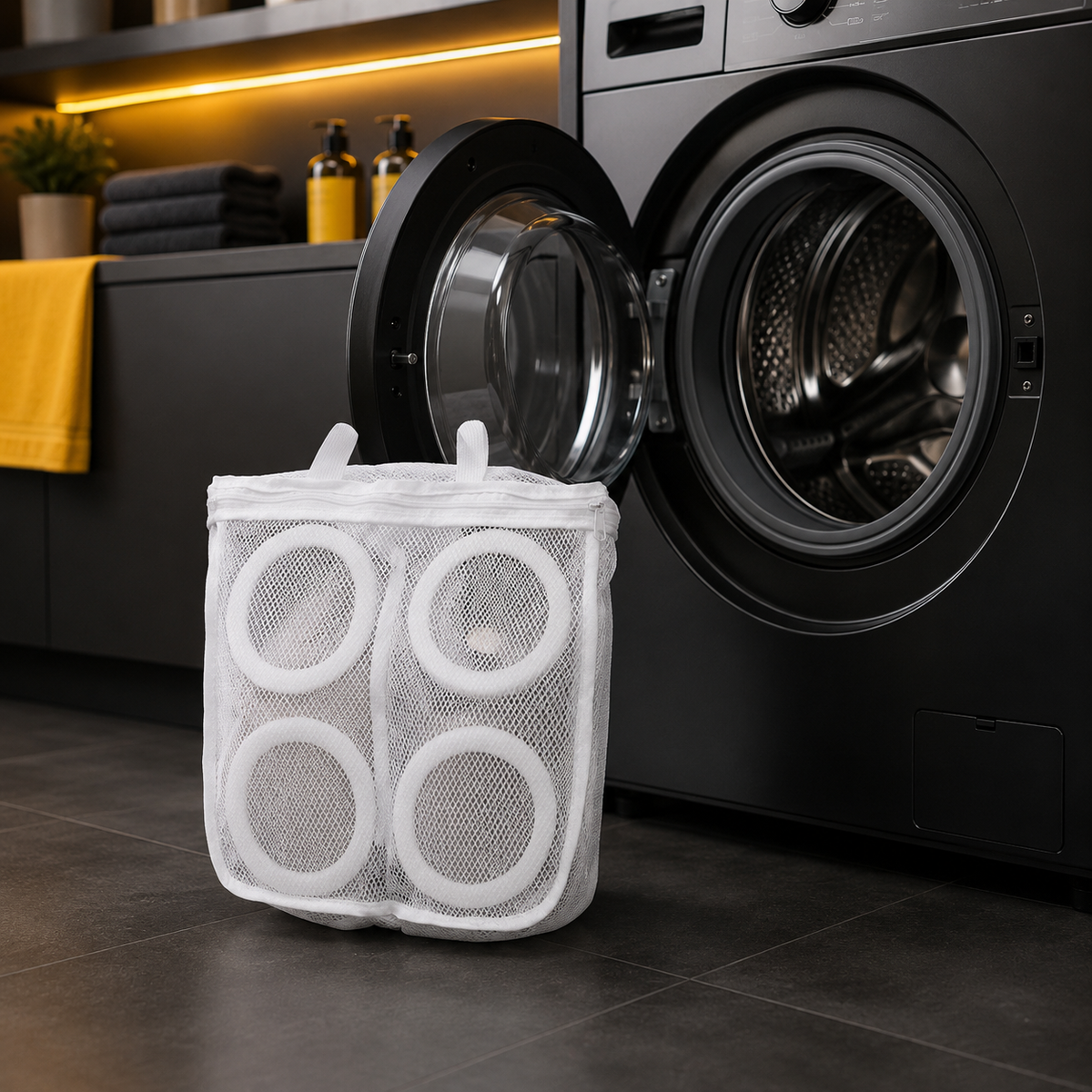 Protective shoe washing bag beside an open washing machine