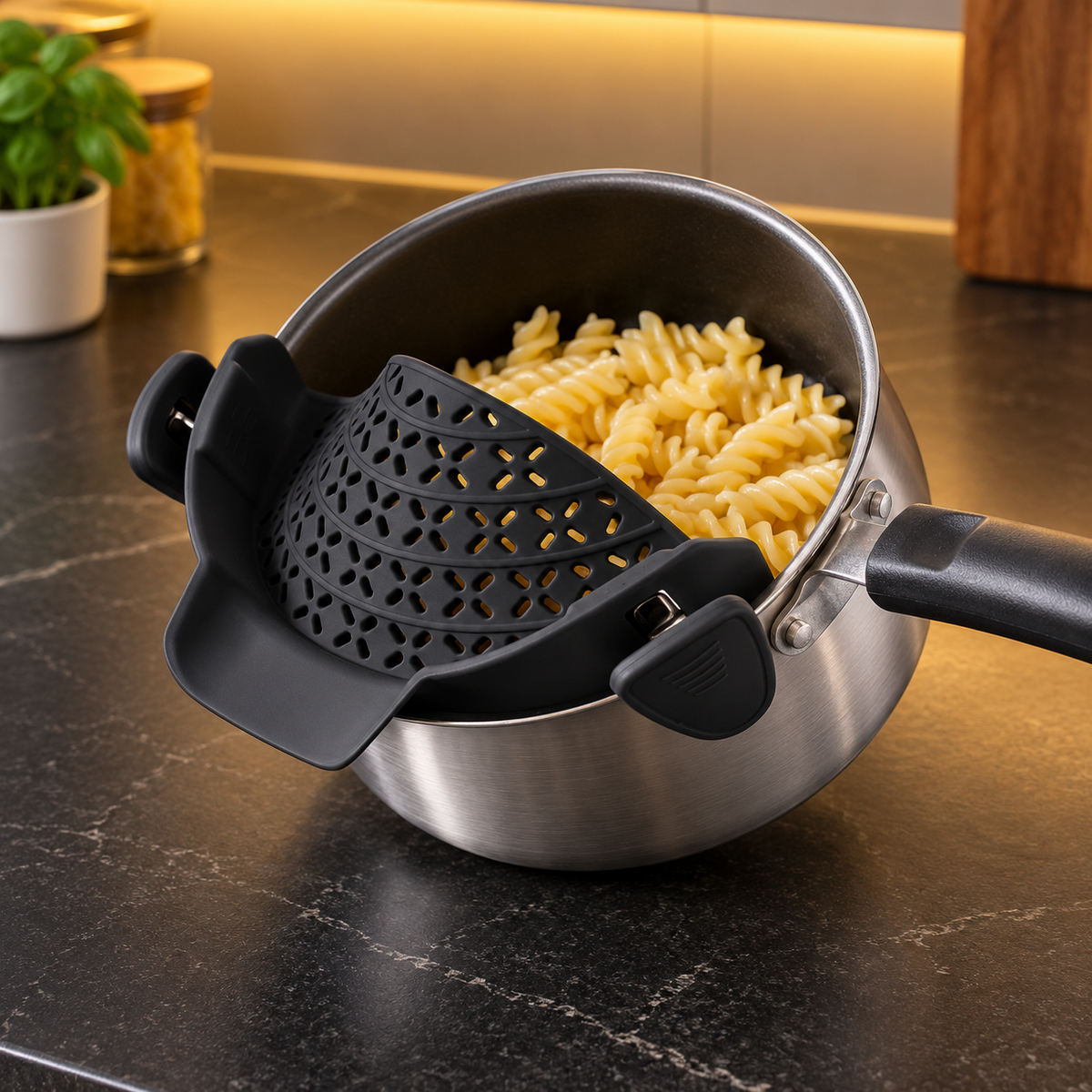 Black flexible clip-on pot strainer fitted to a saucepan