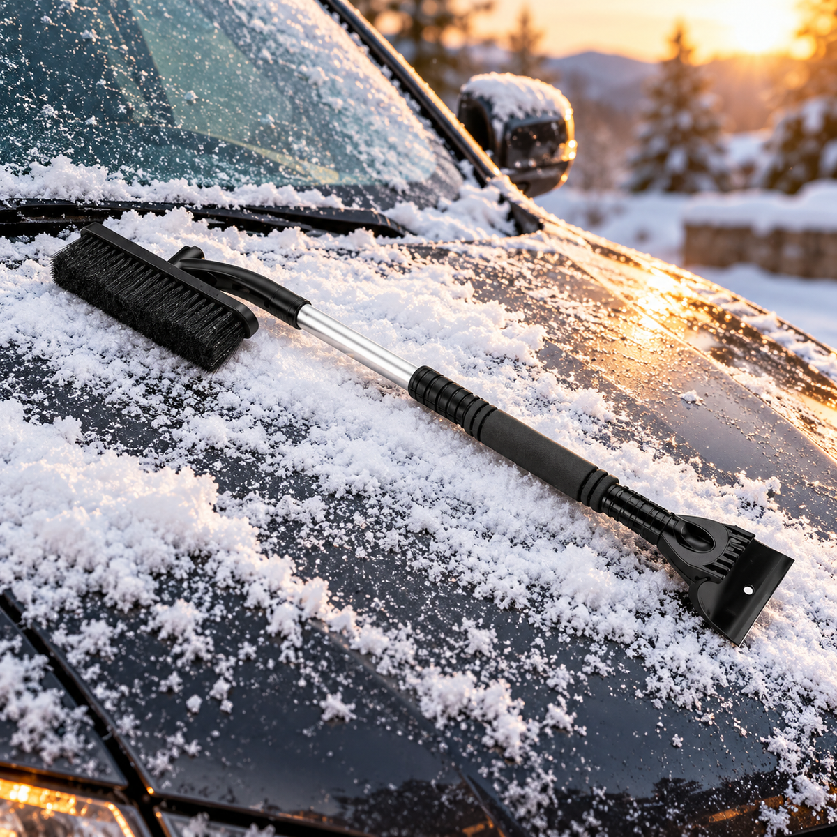 Black snow brush and ice scraper on snowy car hood