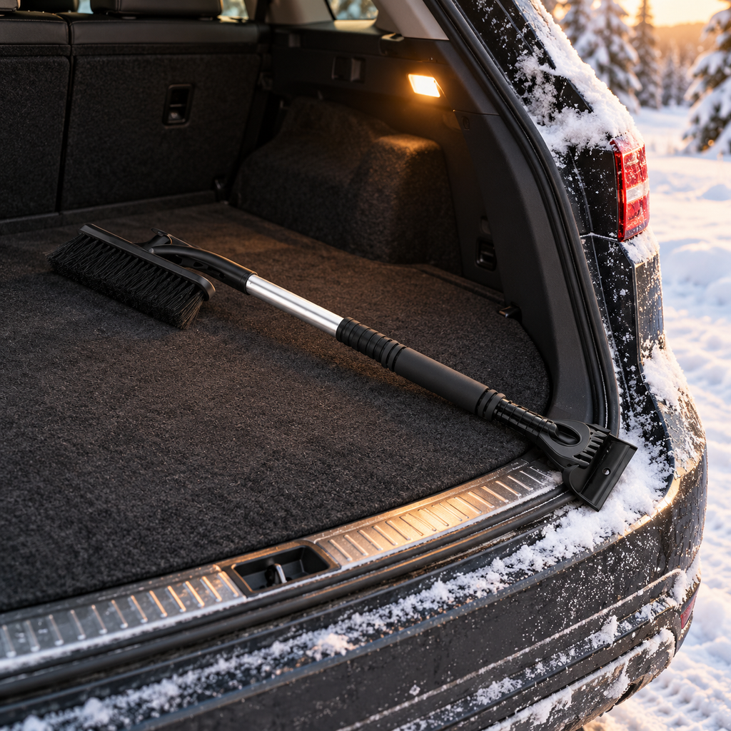 Black snow brush stored in car trunk