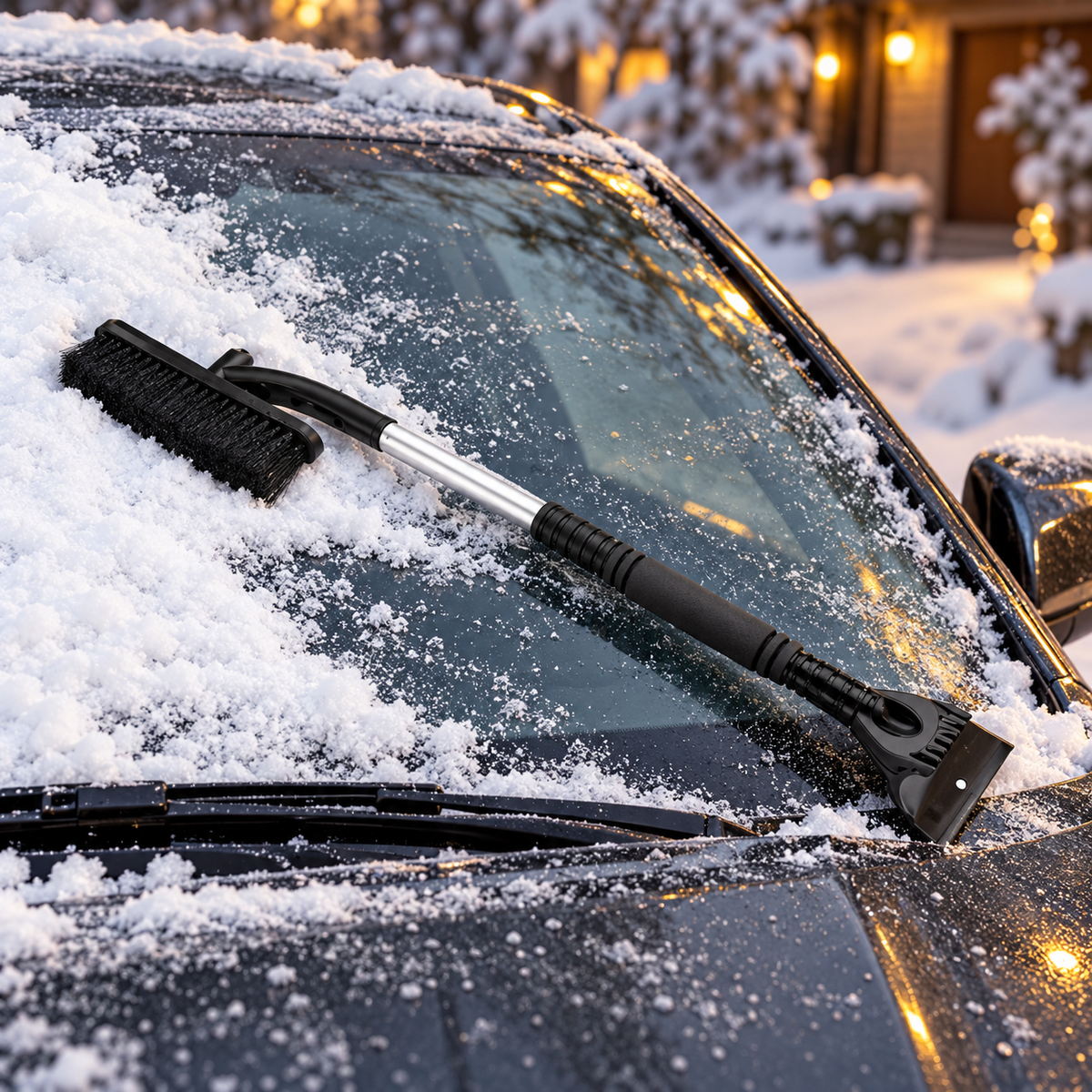 Snow brush and ice scraper on a snowy windshield