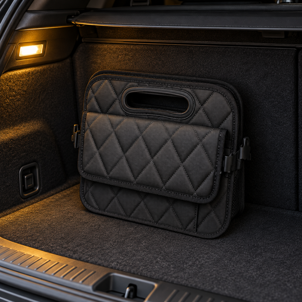 Folded black trunk organizer in car boot