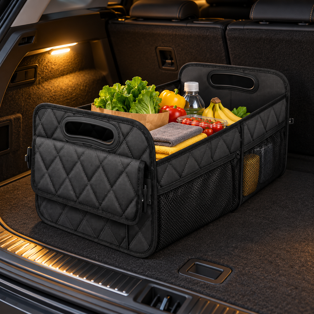 Black trunk organizer holding groceries and cloths