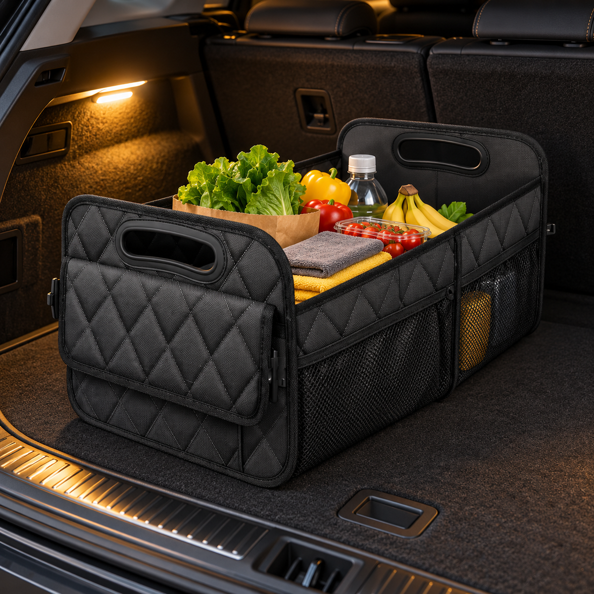 Black trunk organizer holding groceries and cloths
