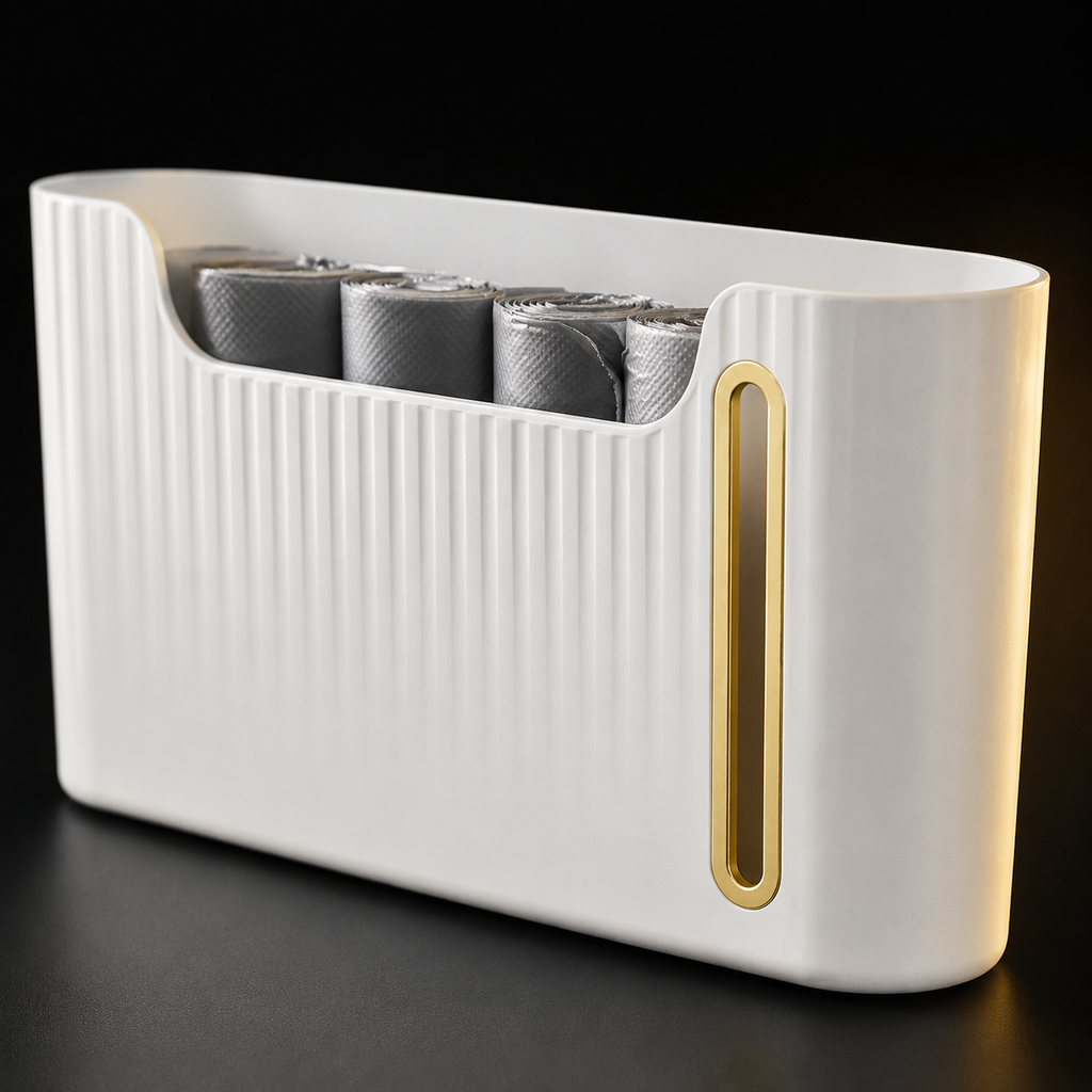 Close view of the ribbed white dispenser and gold-trimmed slot