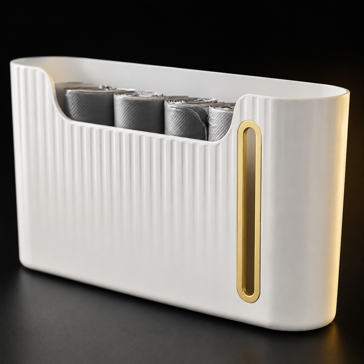 Close view of the ribbed white dispenser and gold-trimmed slot