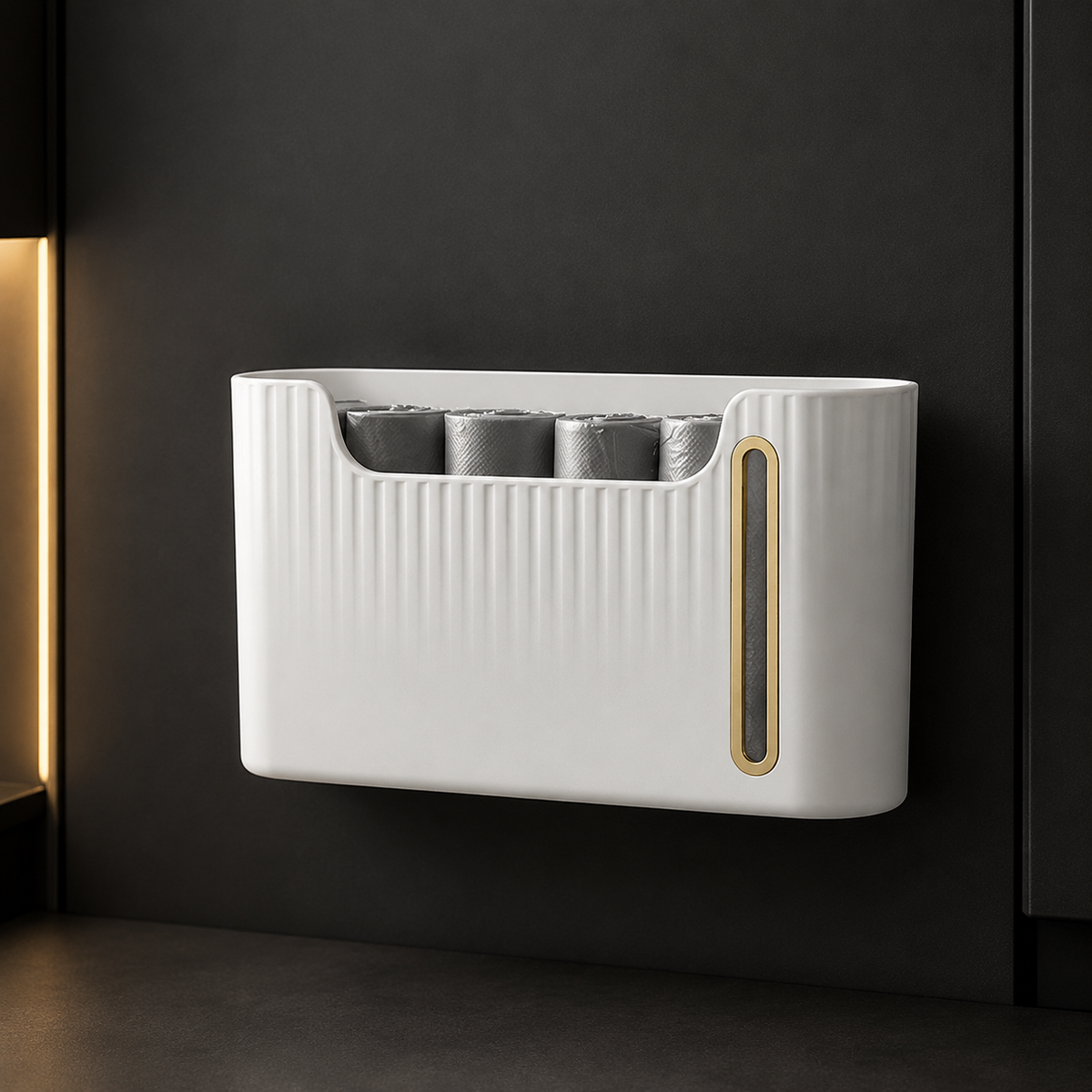 Cream white wall-mounted garbage bag dispenser in a black and yellow kitchen