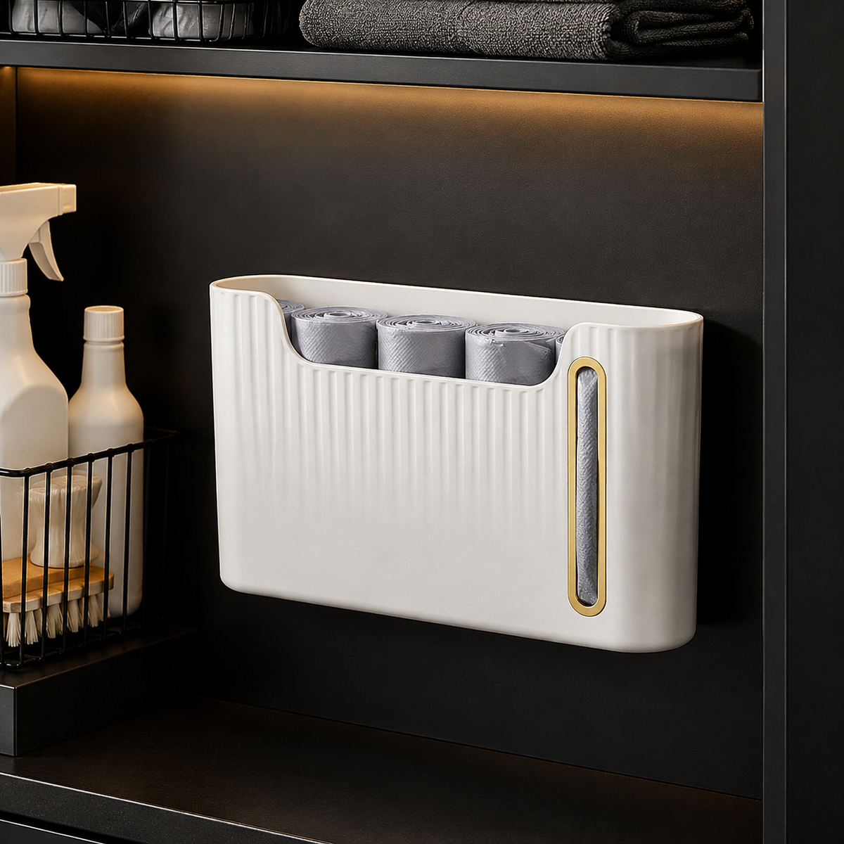 Garbage bag dispenser in an organized black pantry